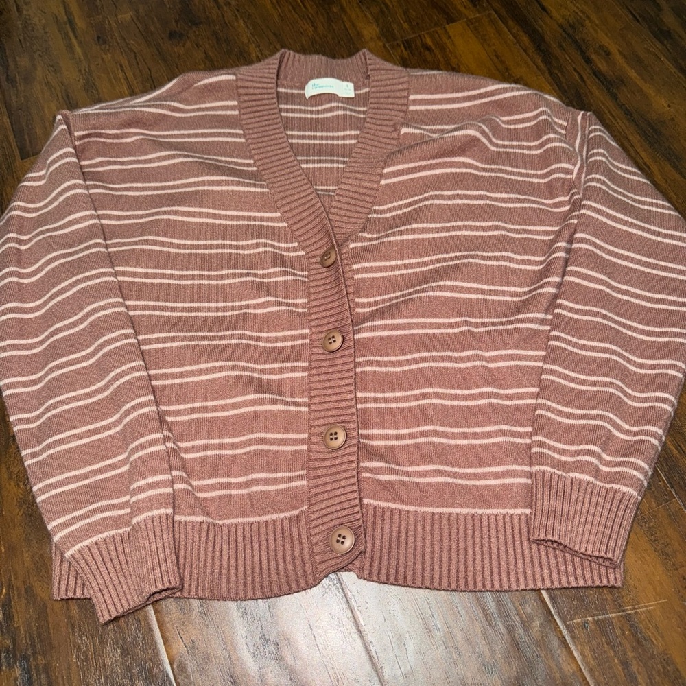 Brown V-Neck Cardigan Sweater with Ribbed Trim